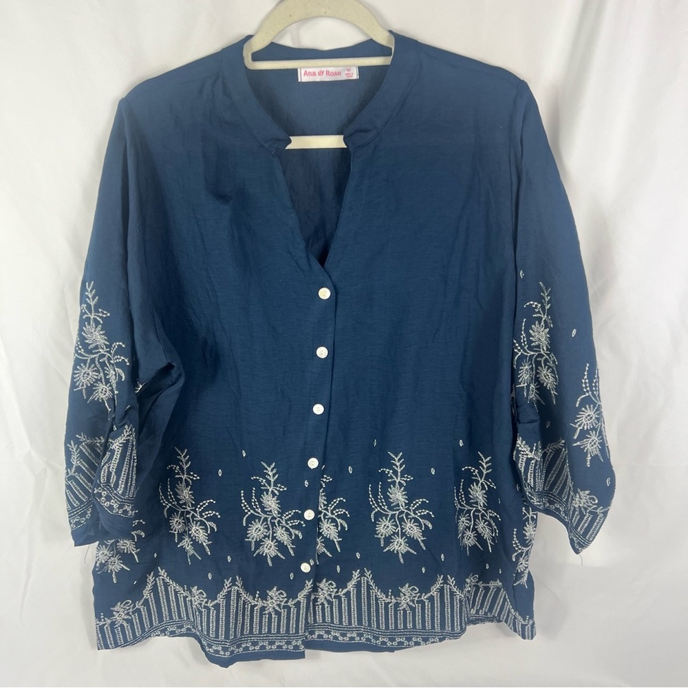 Anna & Rose Navy Embroidered Button-Front Blouse